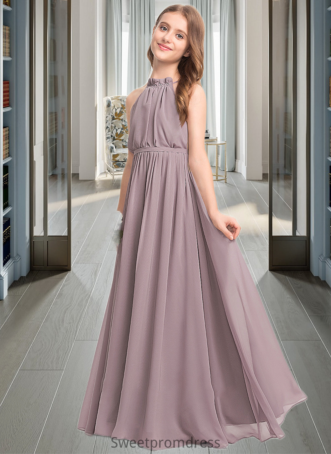 Jaliyah A-Line High Neck Floor-Length Chiffon Junior Bridesmaid Dress With Bow(s) Cascading Ruffles DHP0013512