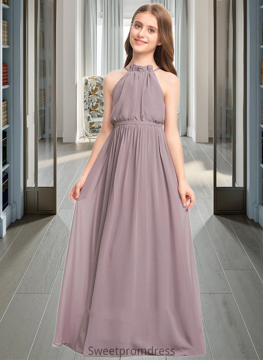 Jaliyah A-Line High Neck Floor-Length Chiffon Junior Bridesmaid Dress With Bow(s) Cascading Ruffles DHP0013512