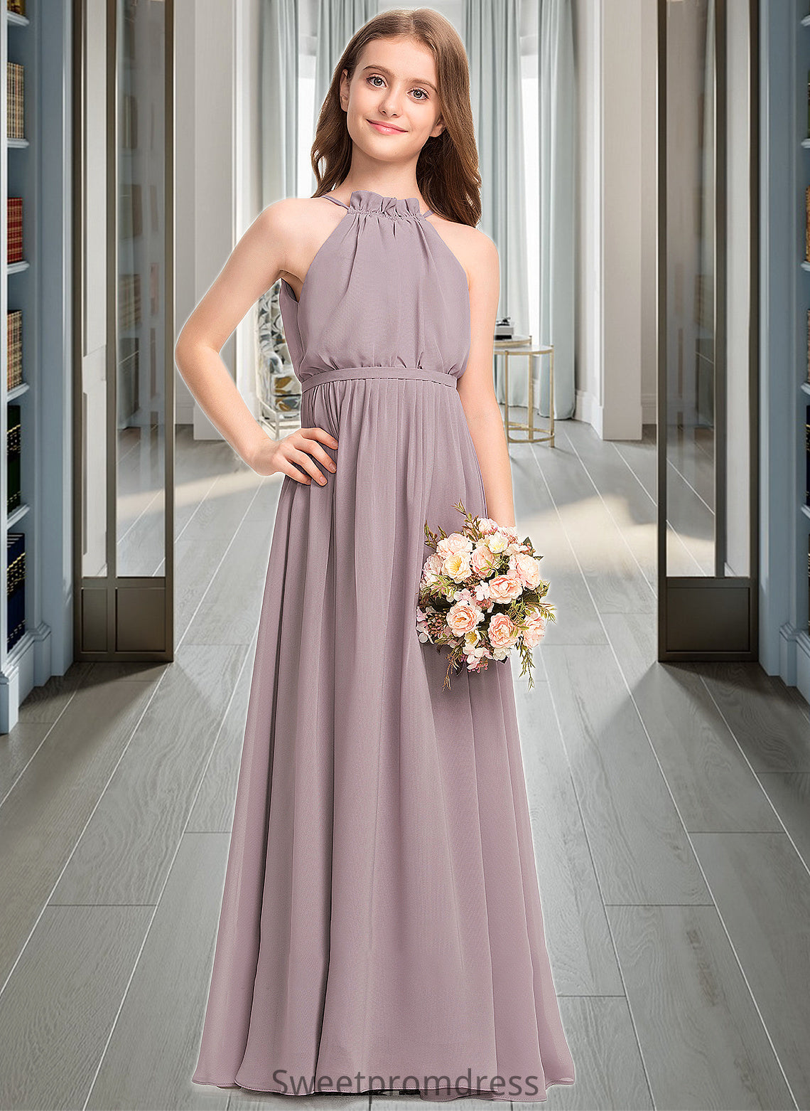 Jaliyah A-Line High Neck Floor-Length Chiffon Junior Bridesmaid Dress With Bow(s) Cascading Ruffles DHP0013512