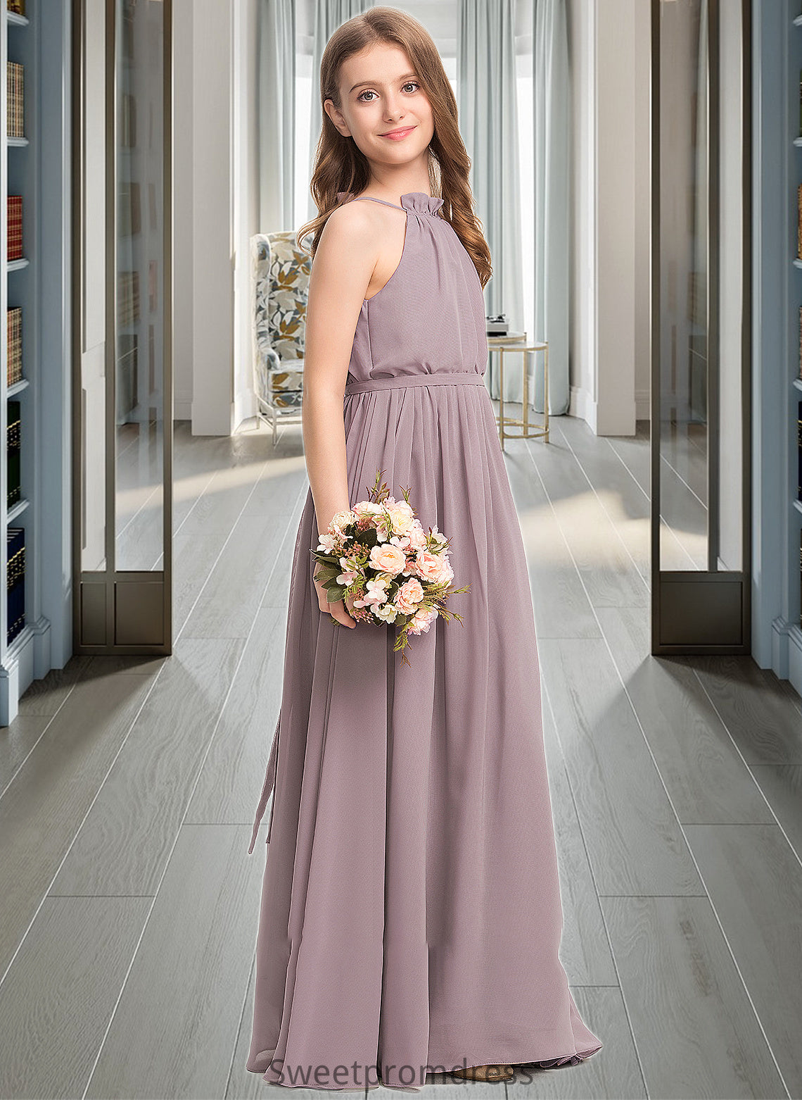 Jaliyah A-Line High Neck Floor-Length Chiffon Junior Bridesmaid Dress With Bow(s) Cascading Ruffles DHP0013512