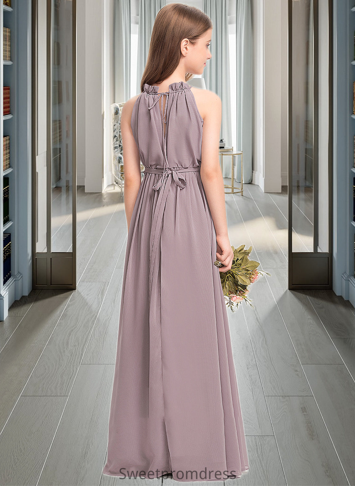 Jaliyah A-Line High Neck Floor-Length Chiffon Junior Bridesmaid Dress With Bow(s) Cascading Ruffles DHP0013512