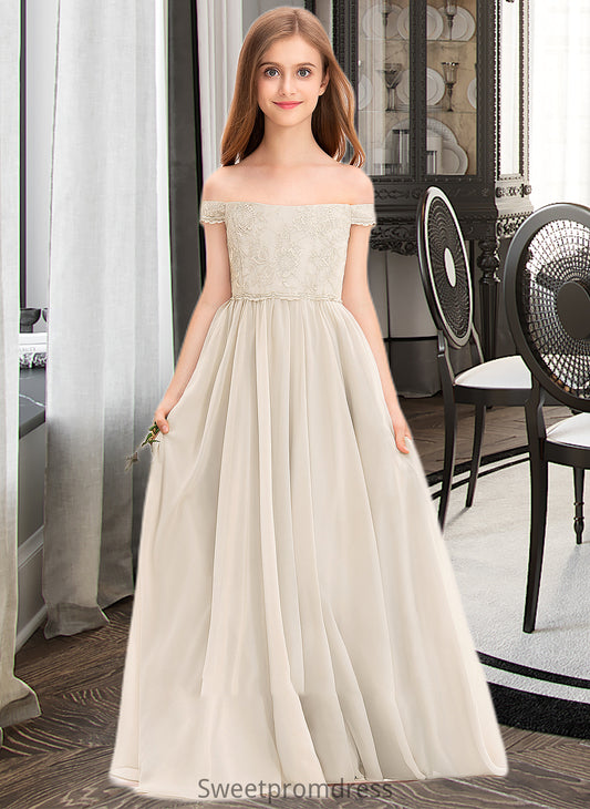 Nathalie A-Line Off-the-Shoulder Floor-Length Chiffon Lace Junior Bridesmaid Dress DHP0013514