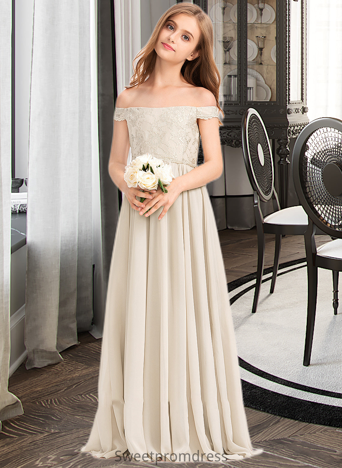 Nathalie A-Line Off-the-Shoulder Floor-Length Chiffon Lace Junior Bridesmaid Dress DHP0013514