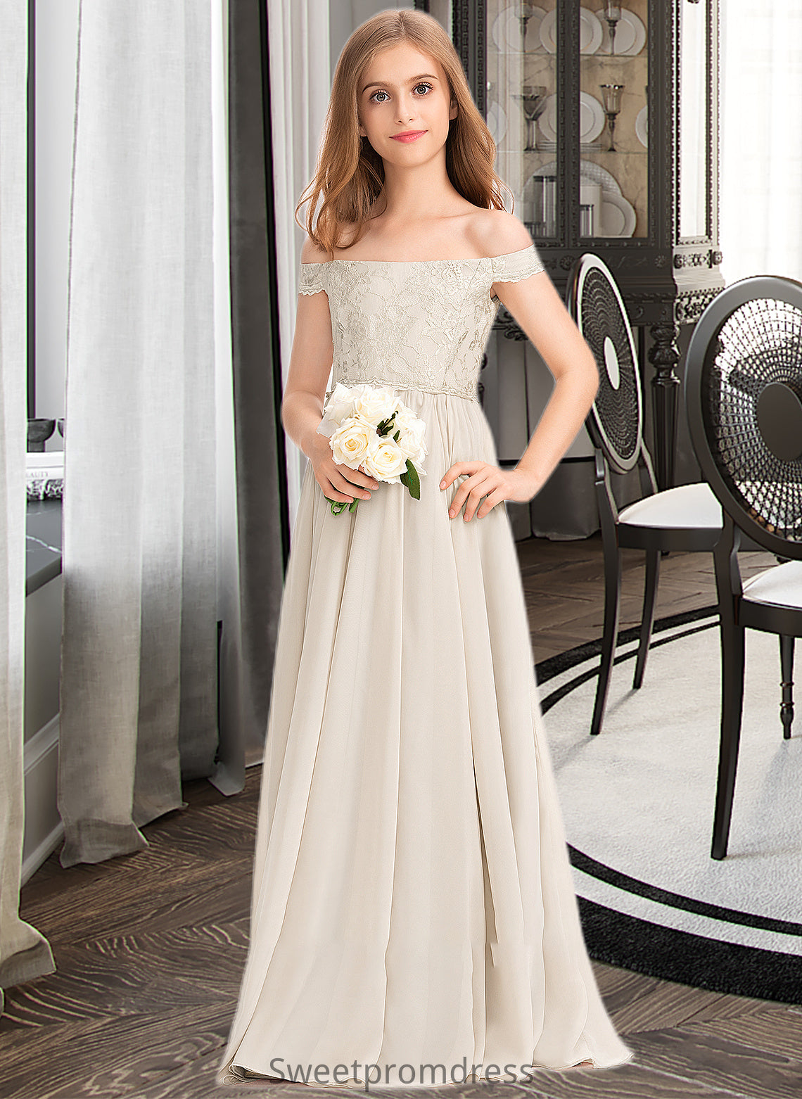 Nathalie A-Line Off-the-Shoulder Floor-Length Chiffon Lace Junior Bridesmaid Dress DHP0013514