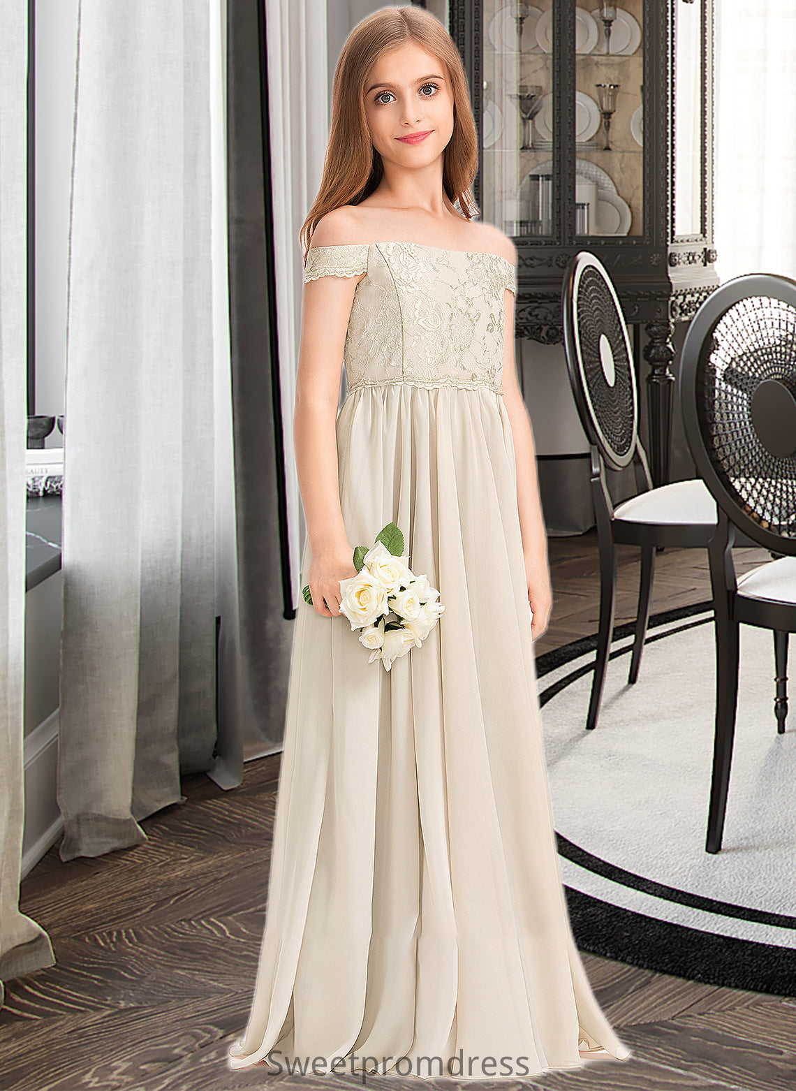 Nathalie A-Line Off-the-Shoulder Floor-Length Chiffon Lace Junior Bridesmaid Dress DHP0013514