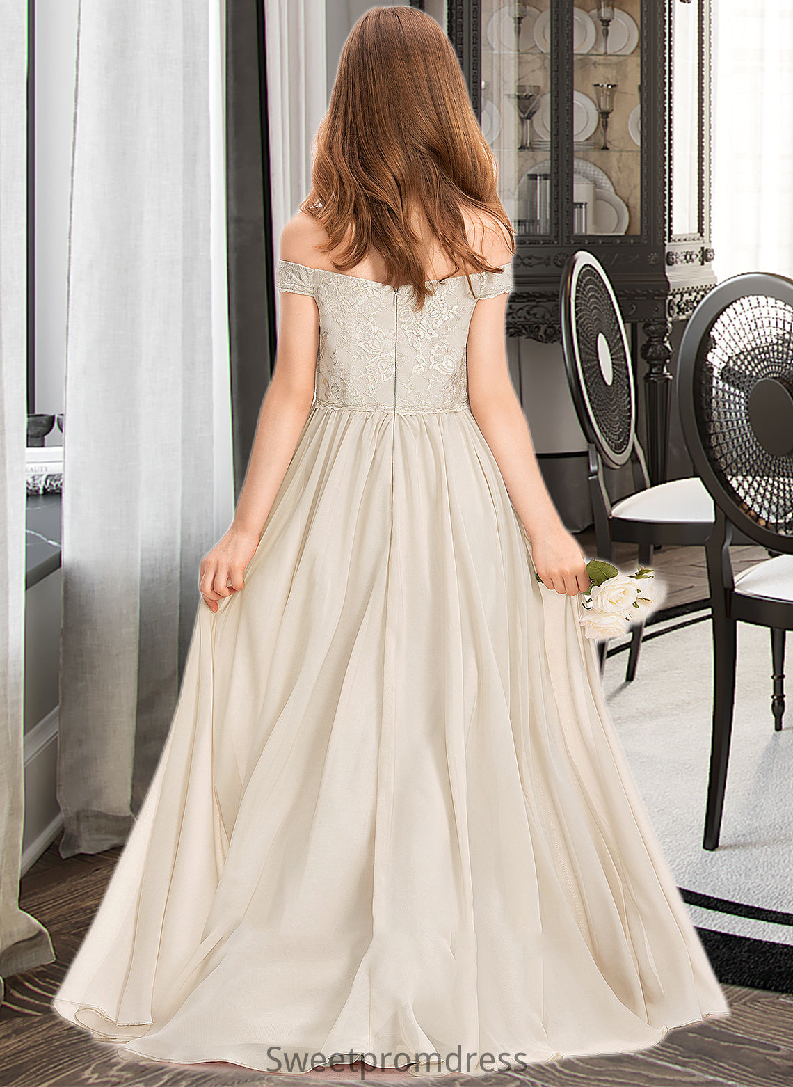 Nathalie A-Line Off-the-Shoulder Floor-Length Chiffon Lace Junior Bridesmaid Dress DHP0013514