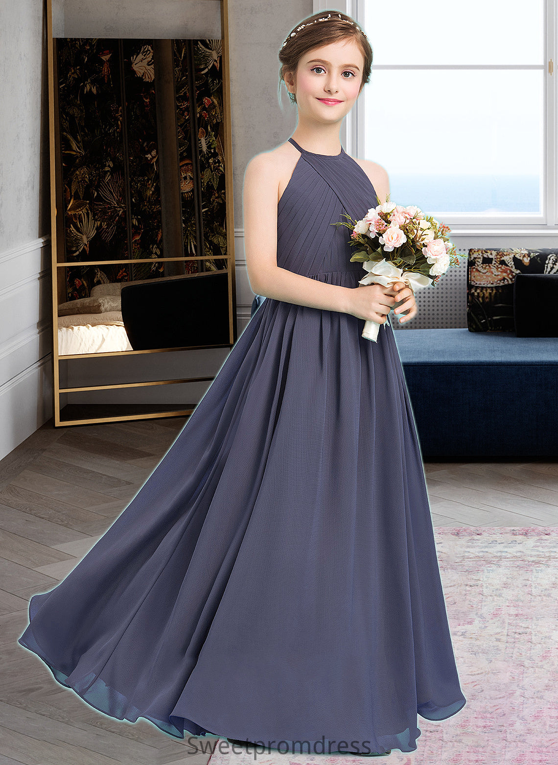 Helga A-Line Scoop Neck Floor-Length Chiffon Junior Bridesmaid Dress With Ruffle DHP0013516