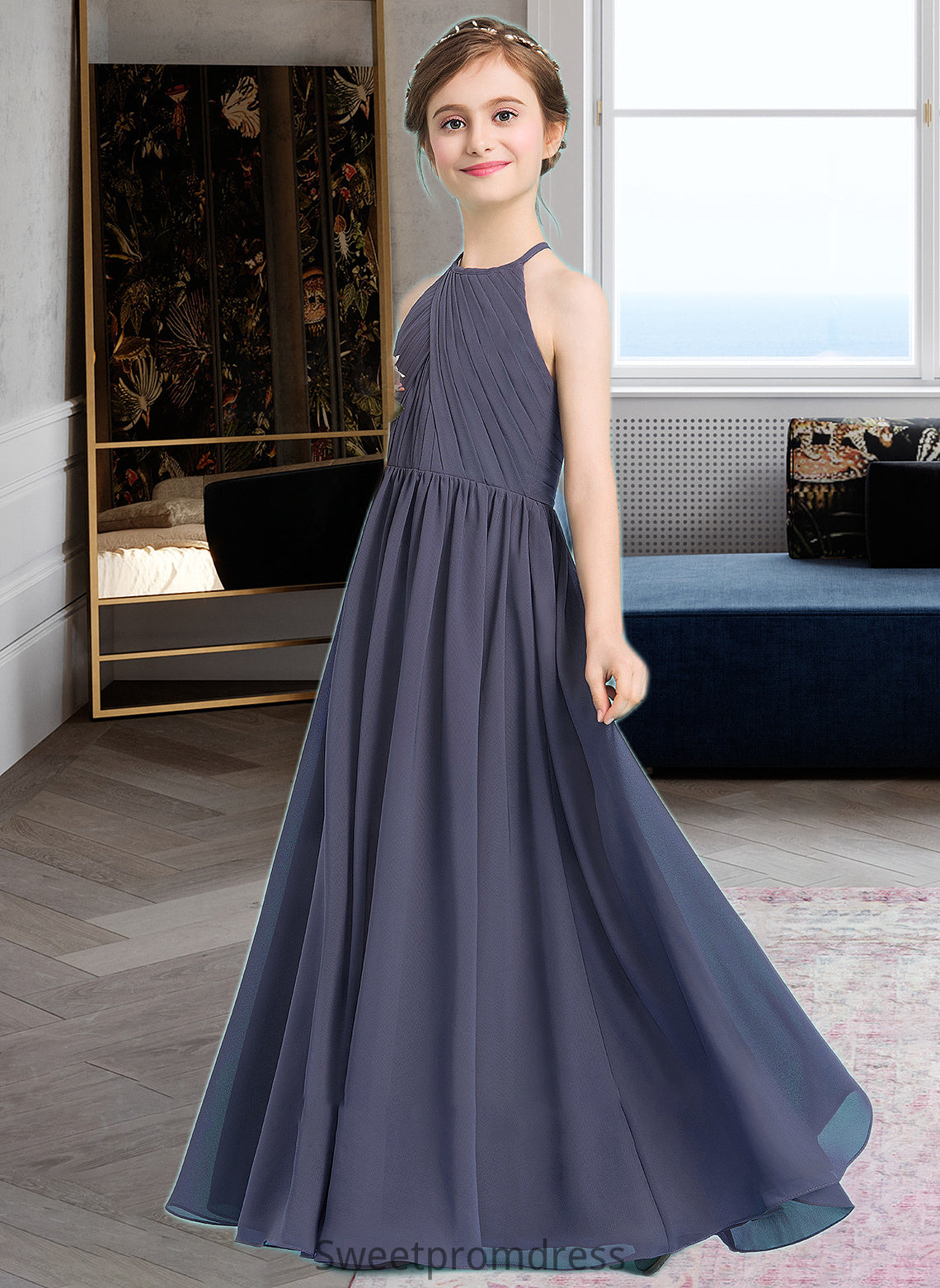 Helga A-Line Scoop Neck Floor-Length Chiffon Junior Bridesmaid Dress With Ruffle DHP0013516