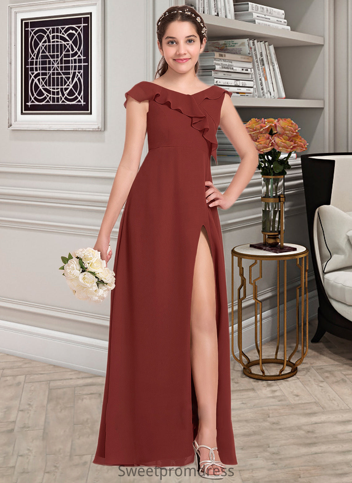 Kaylie A-Line V-neck Floor-Length Chiffon Junior Bridesmaid Dress With Split Front Cascading Ruffles DHP0013517