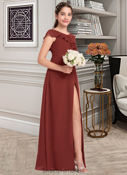 Kaylie A-Line V-neck Floor-Length Chiffon Junior Bridesmaid Dress With Split Front Cascading Ruffles DHP0013517