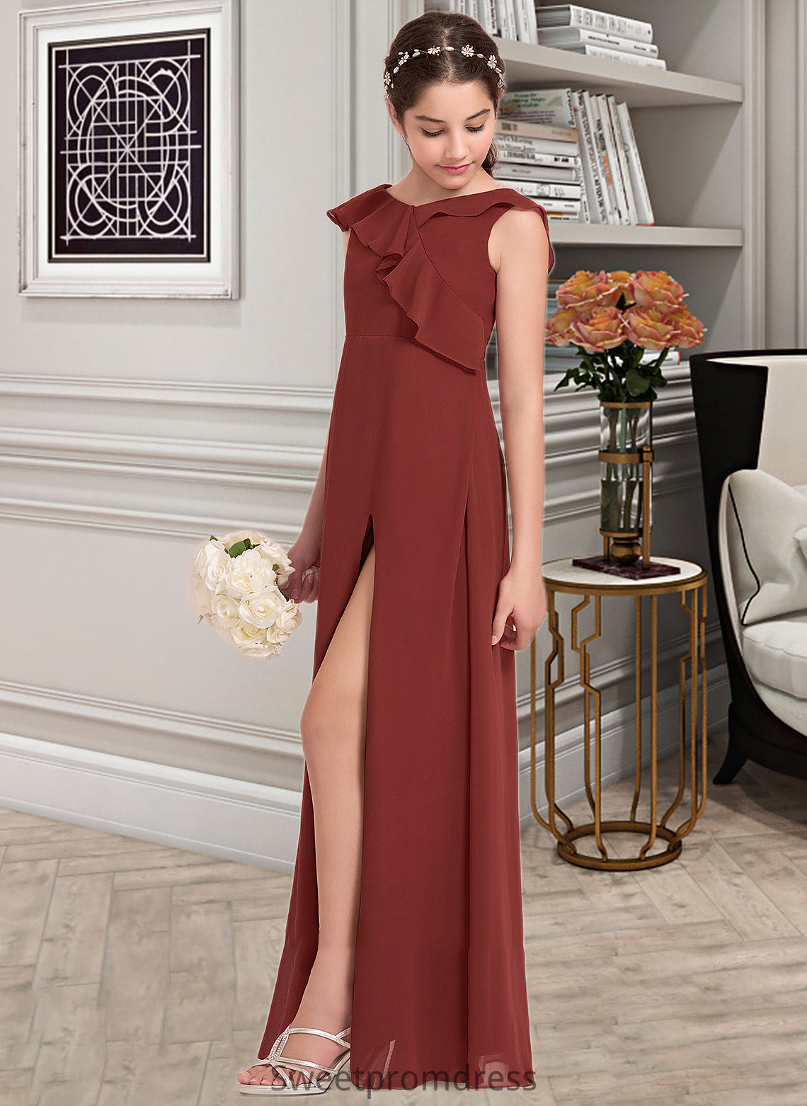 Kaylie A-Line V-neck Floor-Length Chiffon Junior Bridesmaid Dress With Split Front Cascading Ruffles DHP0013517