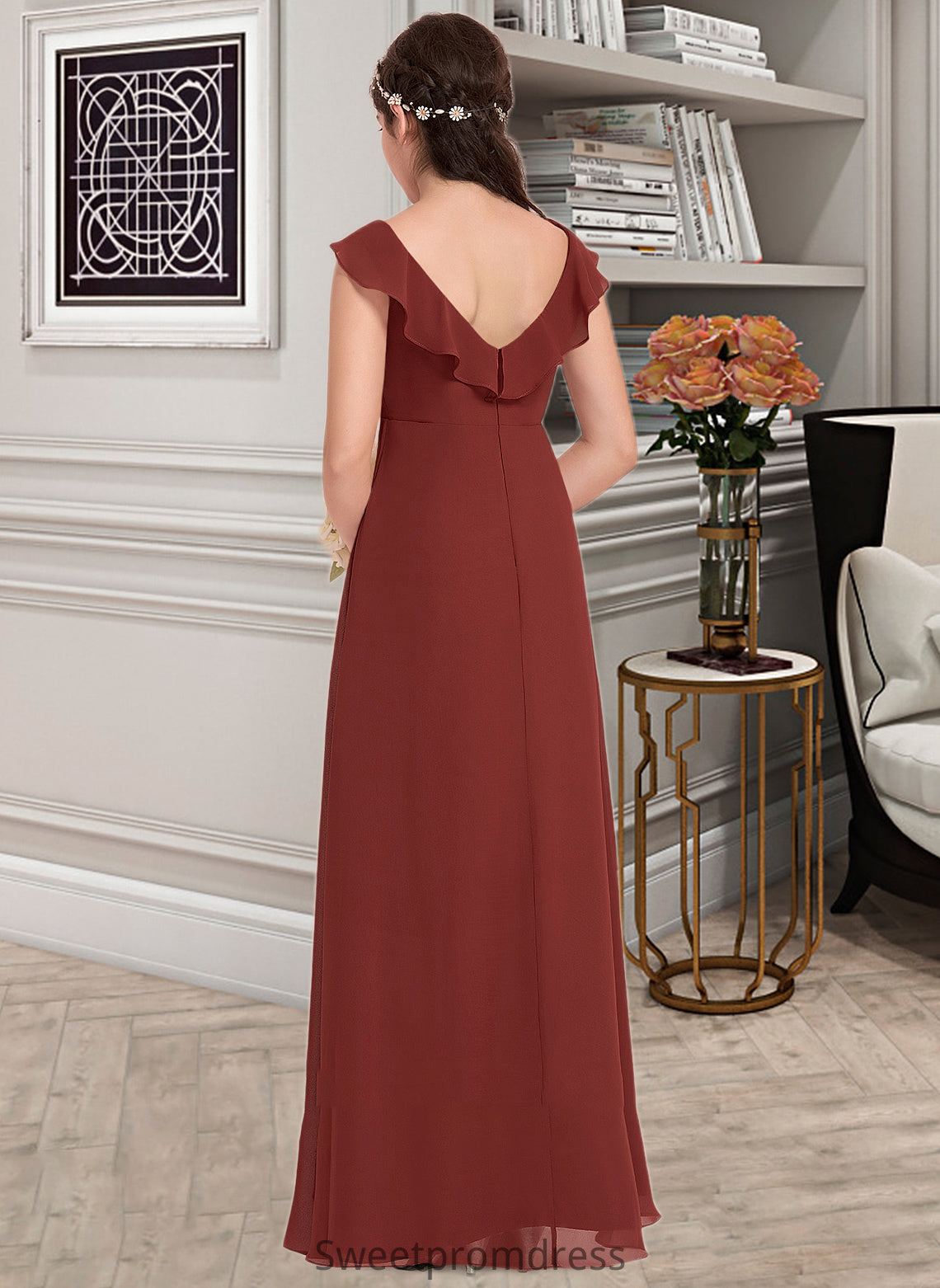 Kaylie A-Line V-neck Floor-Length Chiffon Junior Bridesmaid Dress With Split Front Cascading Ruffles DHP0013517