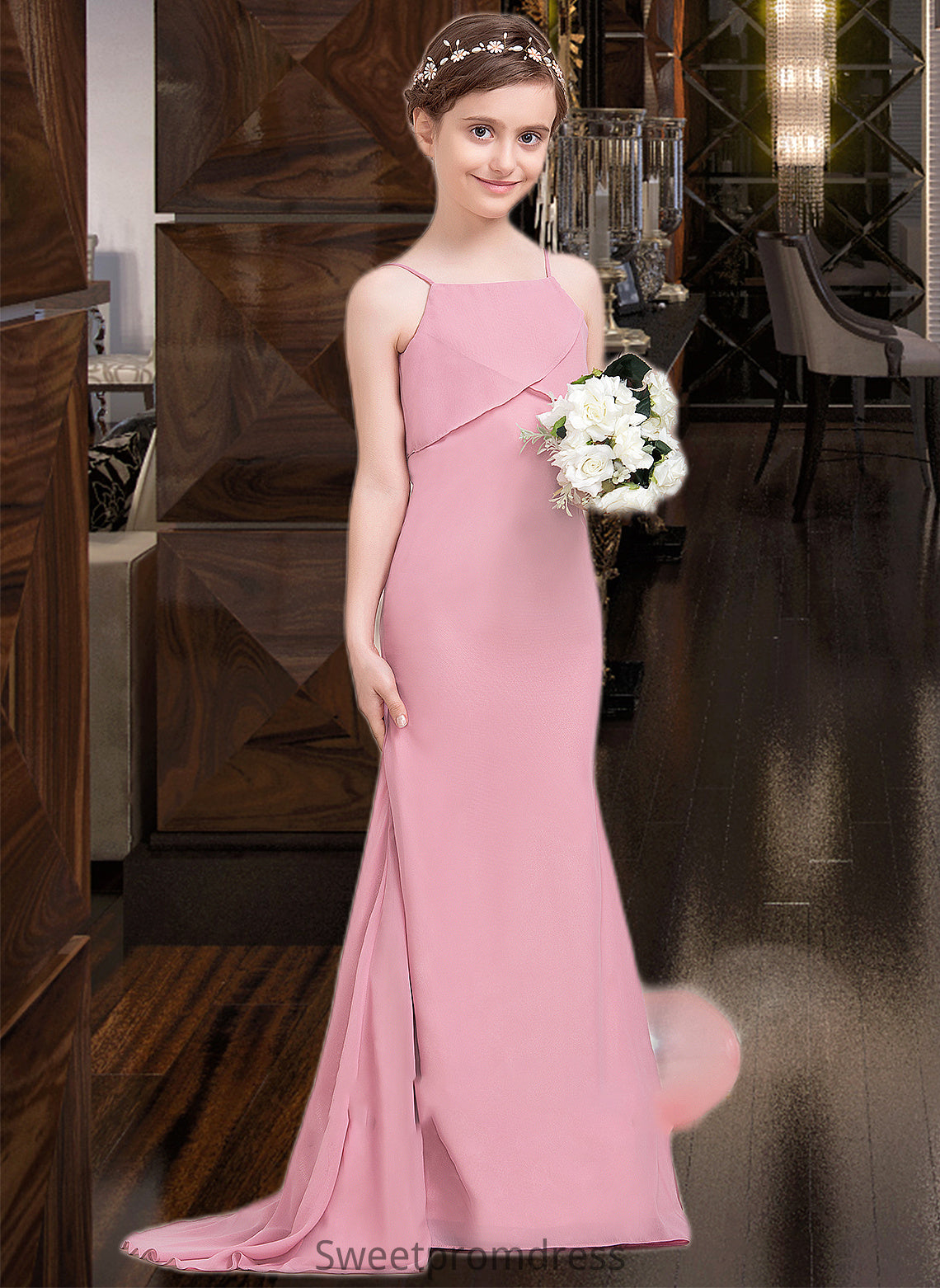 Polly Trumpet/Mermaid Square Neckline Sweep Train Chiffon Junior Bridesmaid Dress With Cascading Ruffles DHP0013518