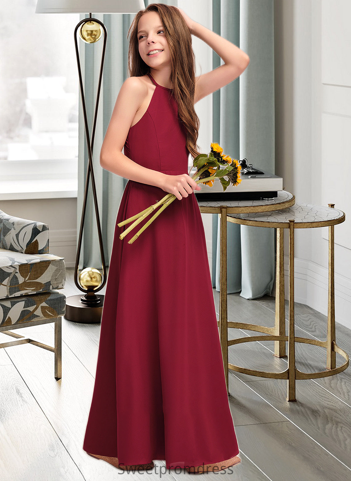 Sabrina A-Line Scoop Neck Floor-Length Chiffon Junior Bridesmaid Dress DHP0013519