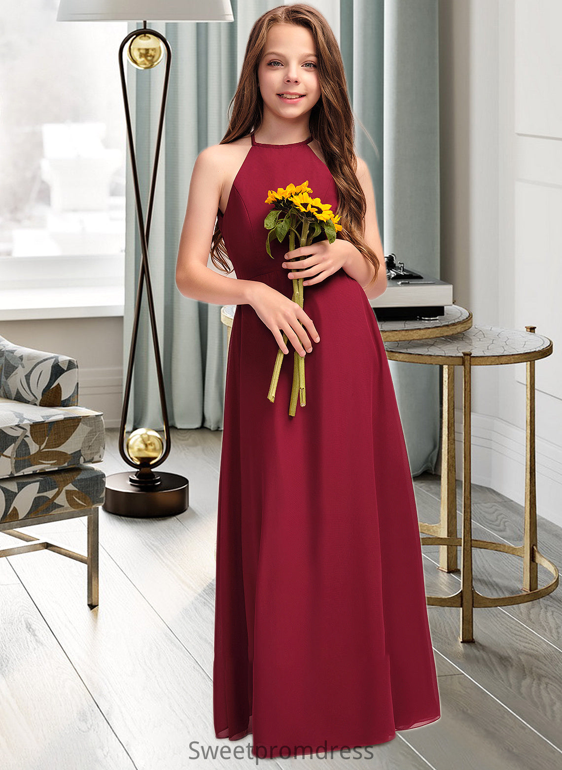 Sabrina A-Line Scoop Neck Floor-Length Chiffon Junior Bridesmaid Dress DHP0013519