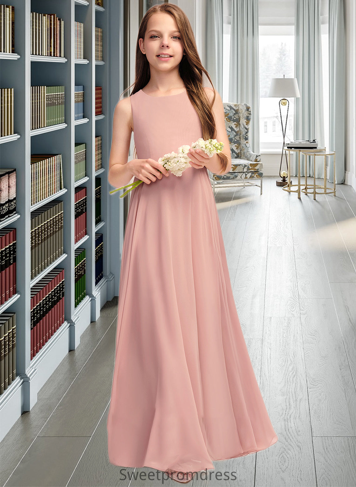 Amelia A-Line Scoop Neck Floor-Length Chiffon Junior Bridesmaid Dress With Bow(s) DHP0013520