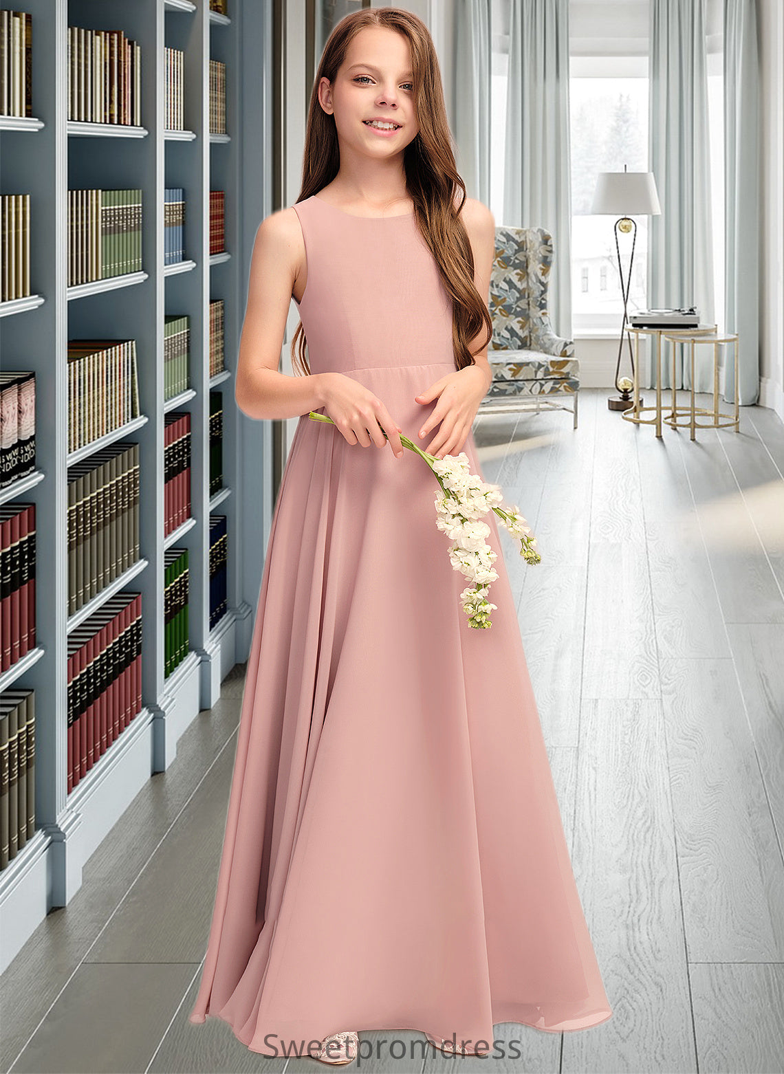 Amelia A-Line Scoop Neck Floor-Length Chiffon Junior Bridesmaid Dress With Bow(s) DHP0013520