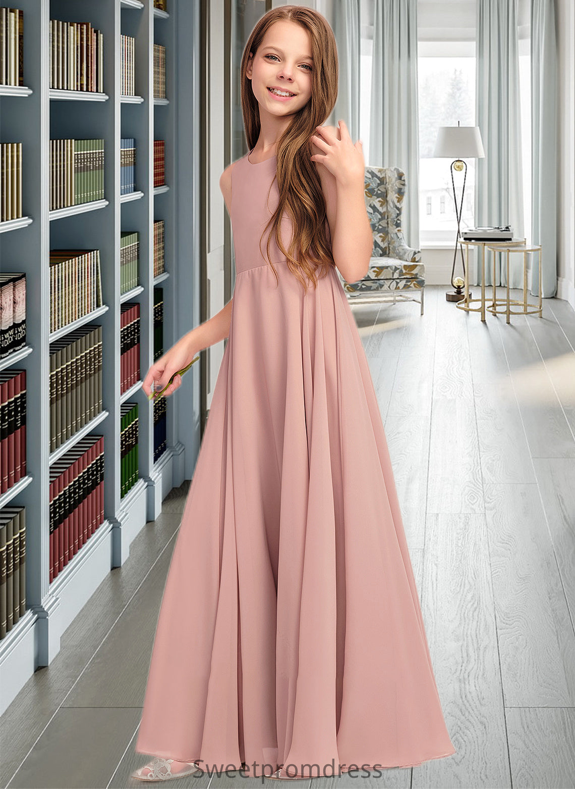 Amelia A-Line Scoop Neck Floor-Length Chiffon Junior Bridesmaid Dress With Bow(s) DHP0013520