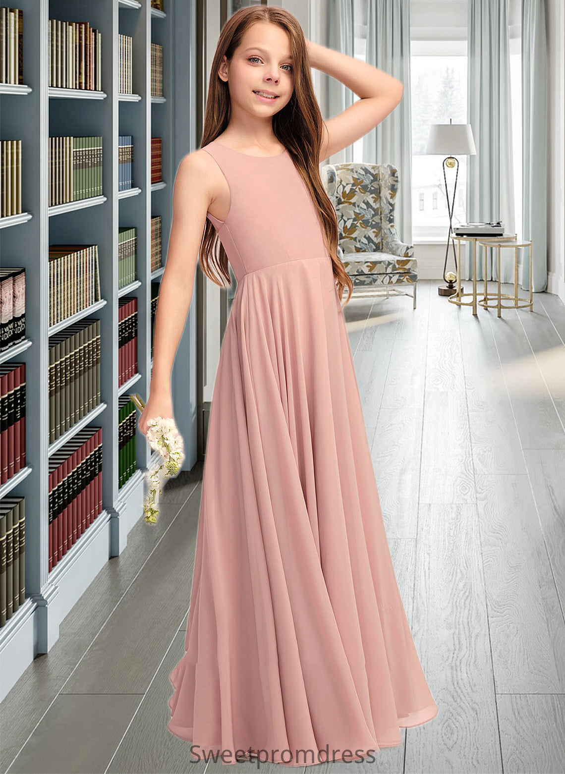 Amelia A-Line Scoop Neck Floor-Length Chiffon Junior Bridesmaid Dress With Bow(s) DHP0013520