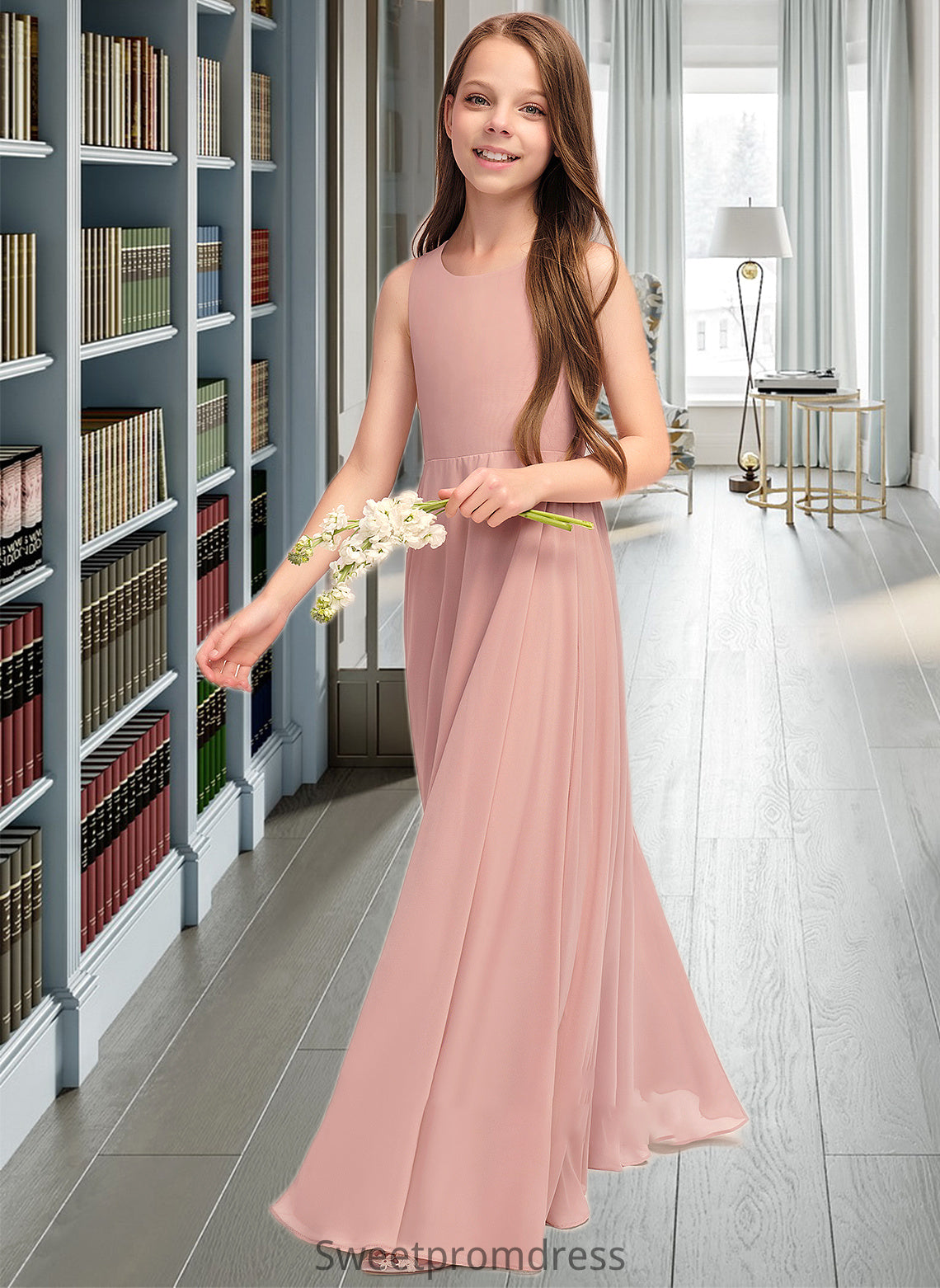 Amelia A-Line Scoop Neck Floor-Length Chiffon Junior Bridesmaid Dress With Bow(s) DHP0013520