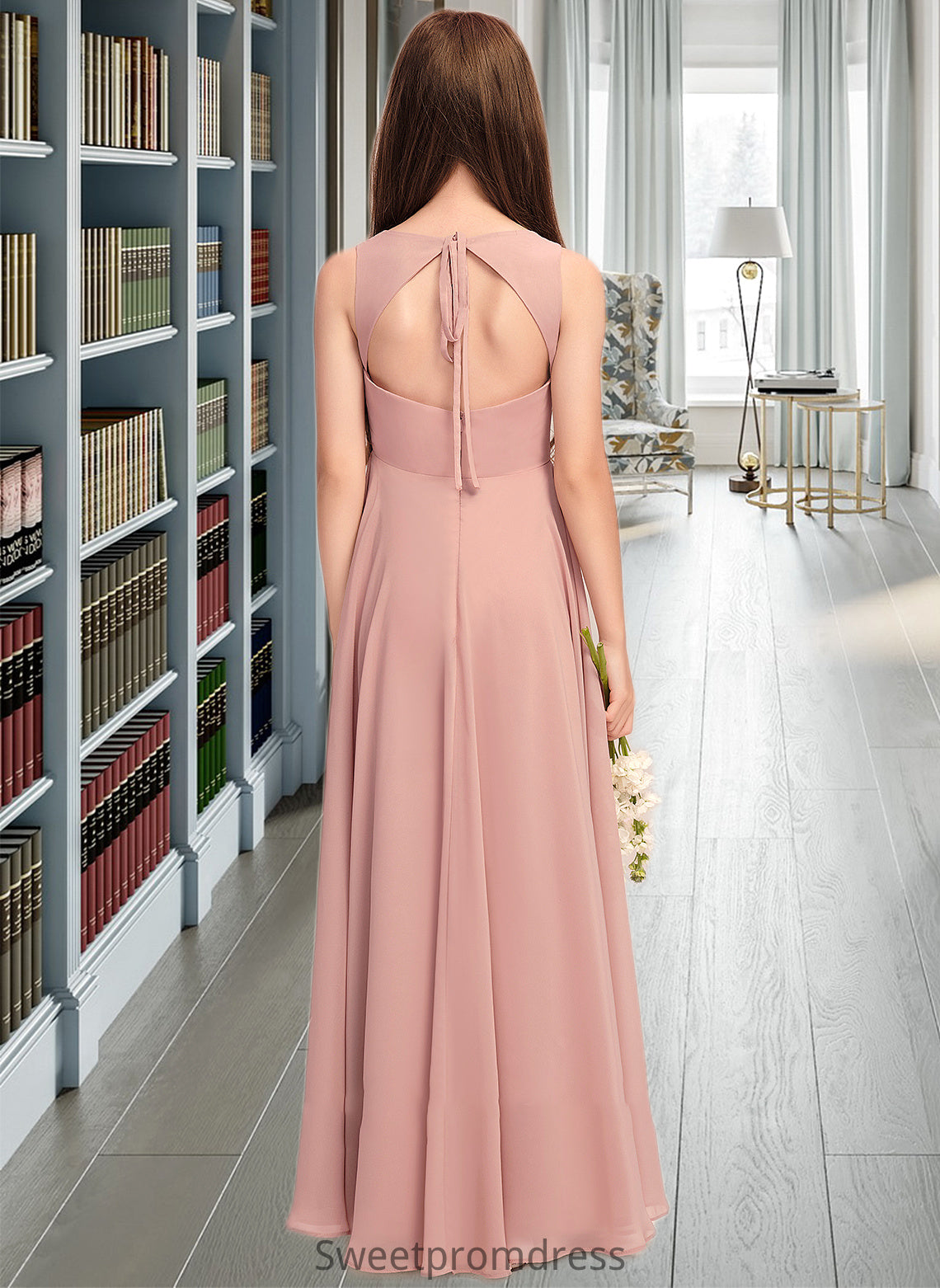 Amelia A-Line Scoop Neck Floor-Length Chiffon Junior Bridesmaid Dress With Bow(s) DHP0013520