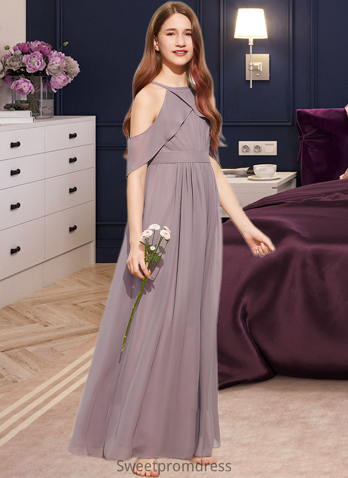 Teresa A-Line Scoop Neck Floor-Length Chiffon Junior Bridesmaid Dress With Ruffle DHP0013521