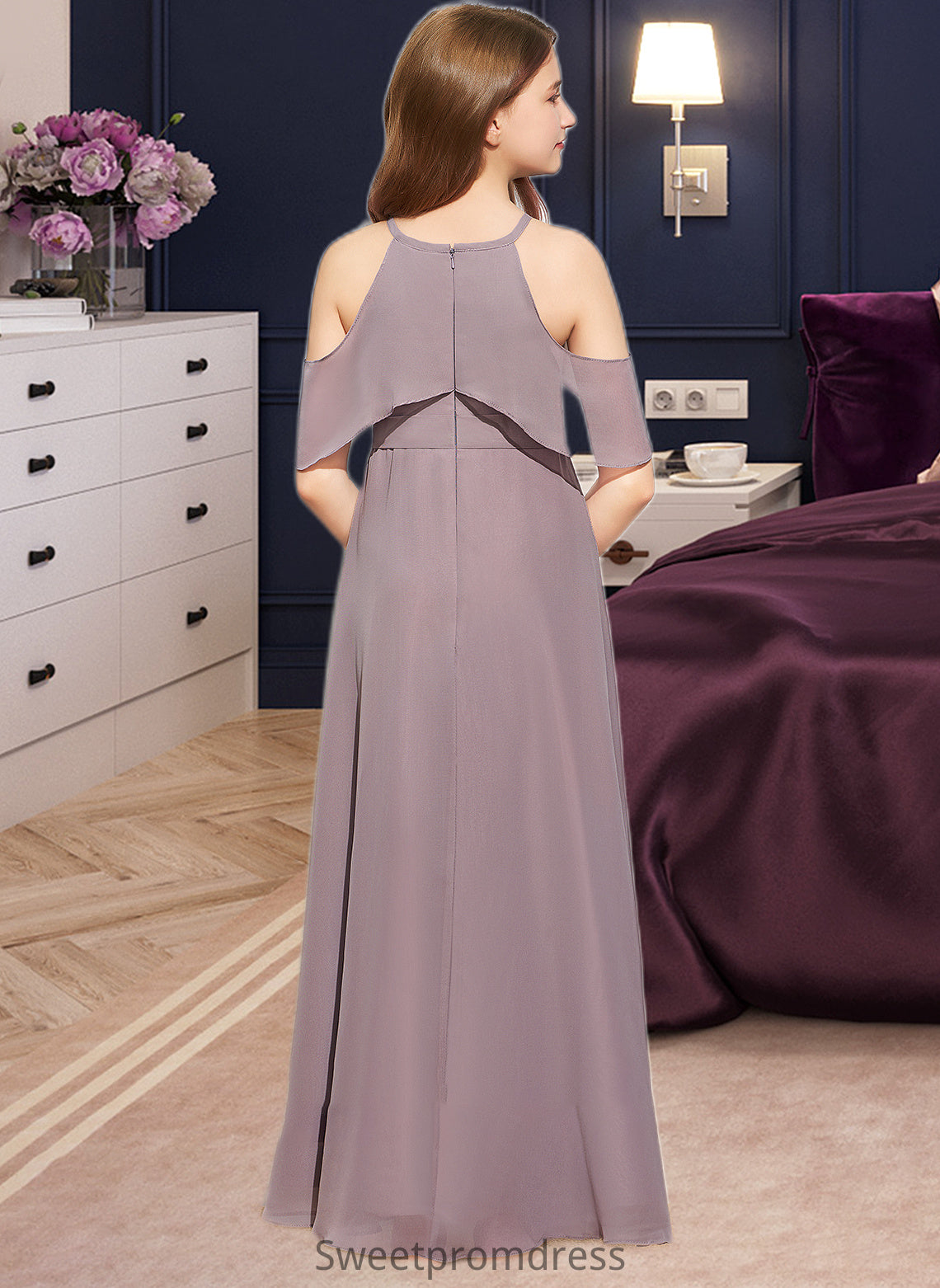 Teresa A-Line Scoop Neck Floor-Length Chiffon Junior Bridesmaid Dress With Ruffle DHP0013521