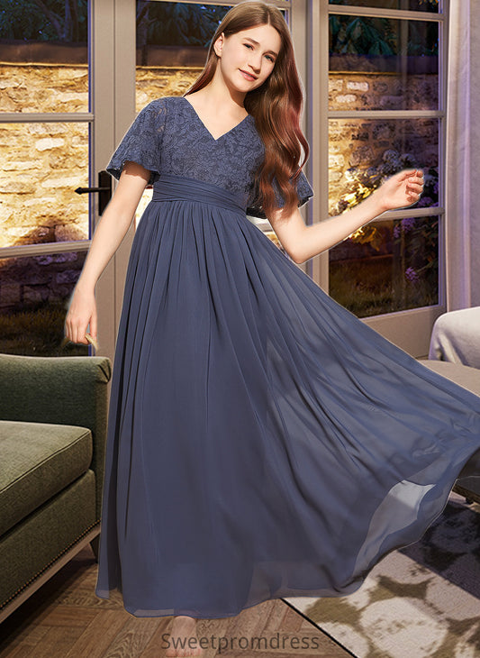 Jacquelyn A-Line V-neck Floor-Length Chiffon Lace Junior Bridesmaid Dress With Bow(s) DHP0013523