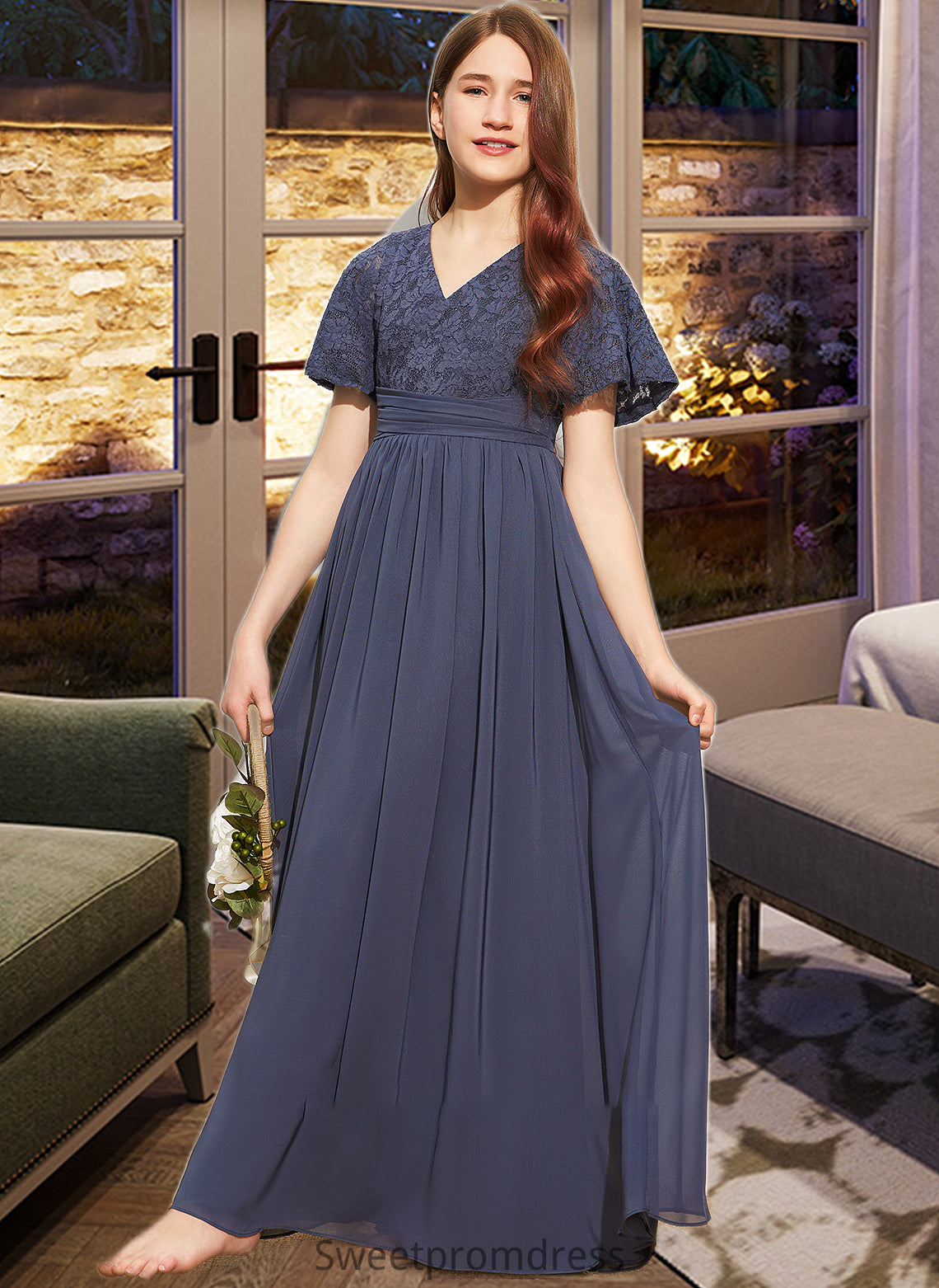 Jacquelyn A-Line V-neck Floor-Length Chiffon Lace Junior Bridesmaid Dress With Bow(s) DHP0013523