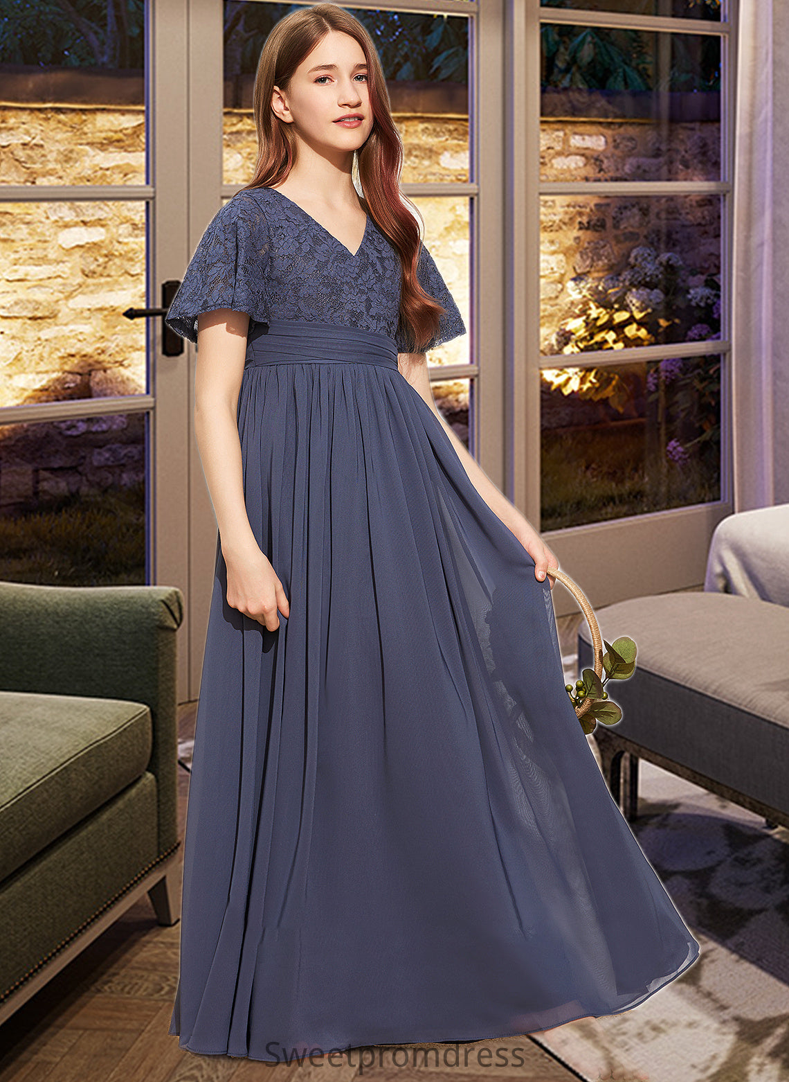 Jacquelyn A-Line V-neck Floor-Length Chiffon Lace Junior Bridesmaid Dress With Bow(s) DHP0013523