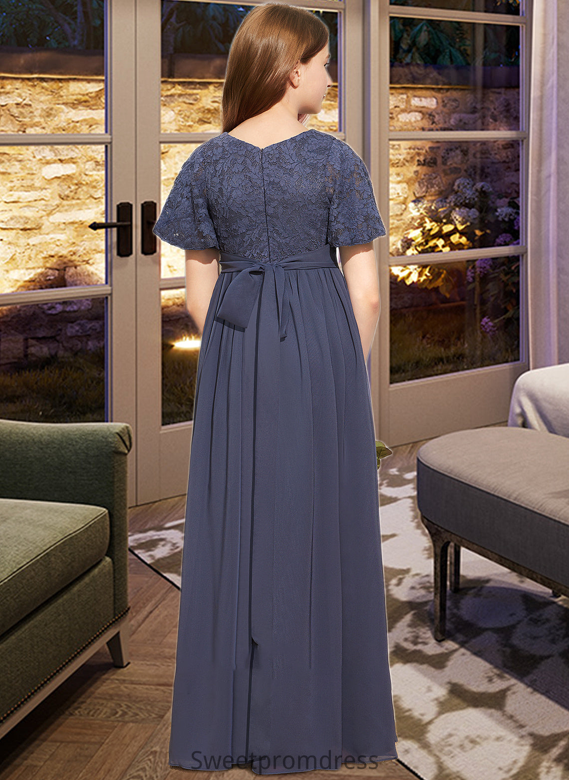 Jacquelyn A-Line V-neck Floor-Length Chiffon Lace Junior Bridesmaid Dress With Bow(s) DHP0013523