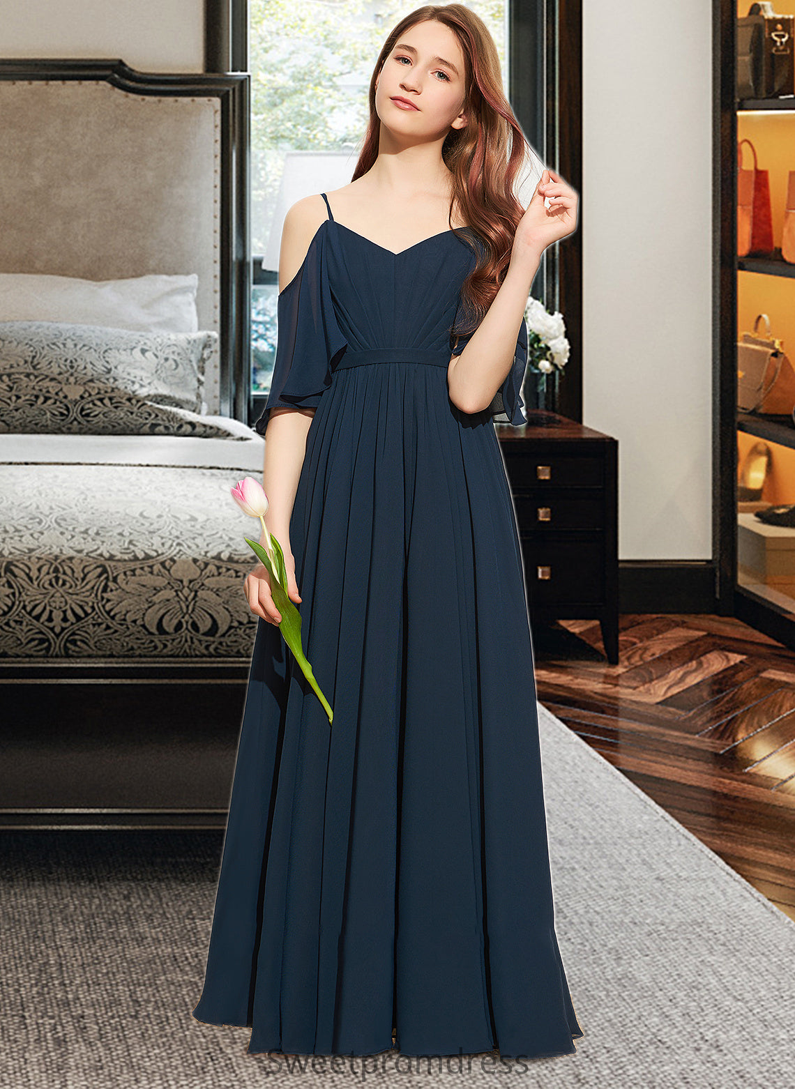 Muriel A-Line Off-the-Shoulder Floor-Length Chiffon Junior Bridesmaid Dress With Ruffle DHP0013524