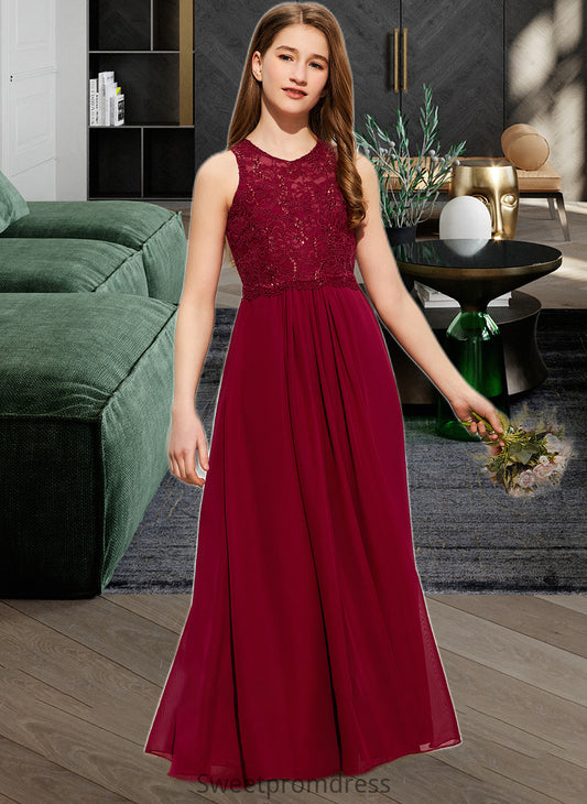 Piper A-Line Scoop Neck Floor-Length Chiffon Lace Junior Bridesmaid Dress With Sequins DHP0013525