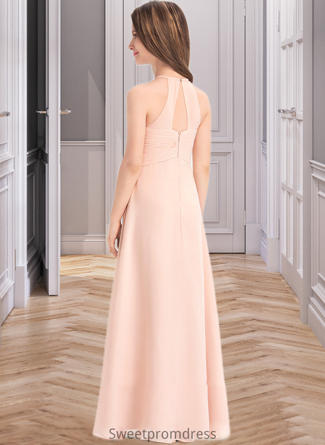 Eve A-Line Scoop Neck Floor-Length Chiffon Junior Bridesmaid Dress With Ruffle DHP0013528