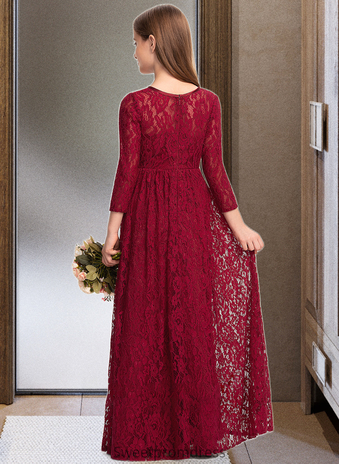 Angeline A-Line Scoop Neck Floor-Length Lace Junior Bridesmaid Dress DHP0013529