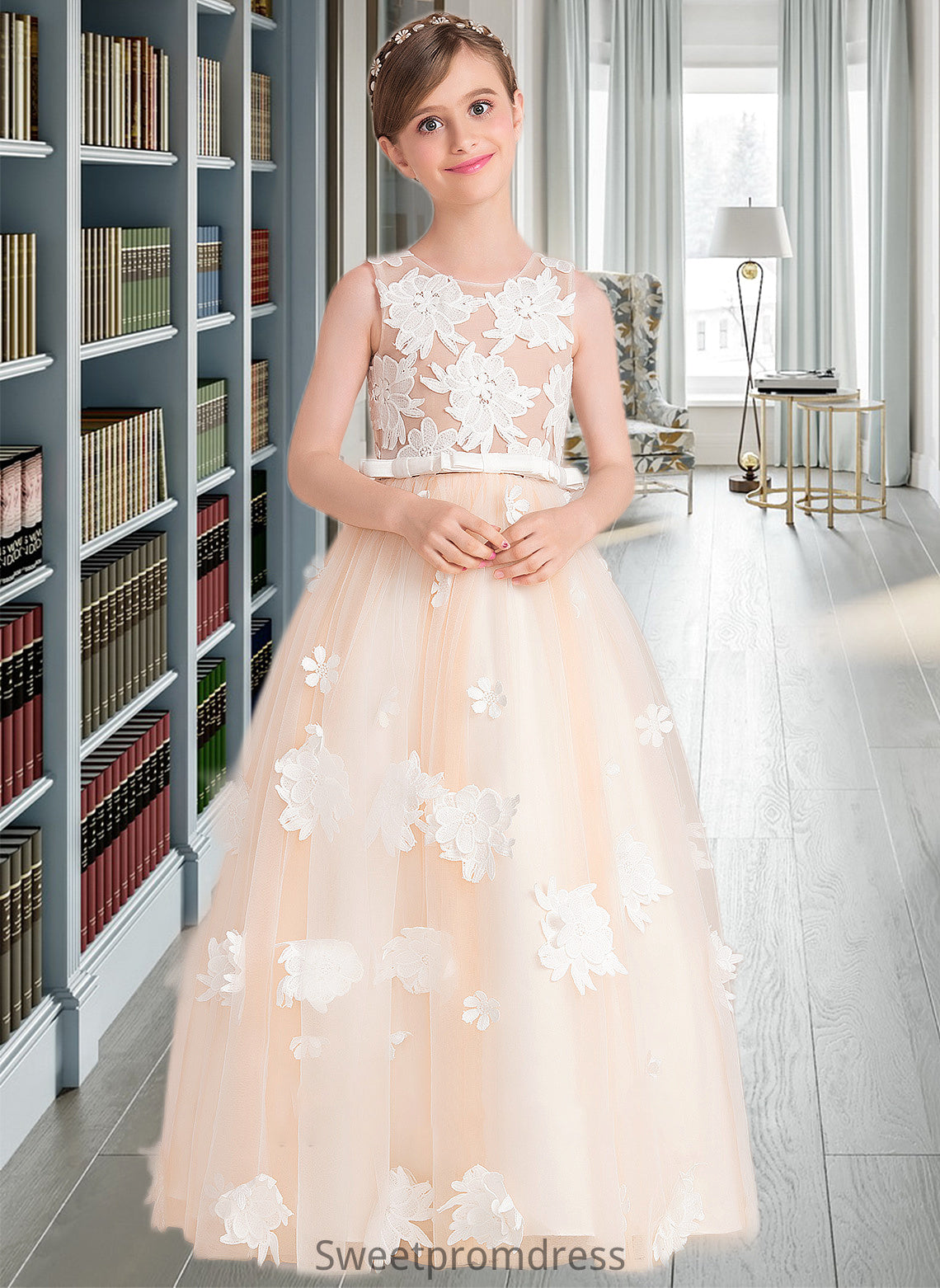 Shelby Ball-Gown/Princess Scoop Neck Floor-Length Tulle Junior Bridesmaid Dress With Flower(s) Bow(s) DHP0013534