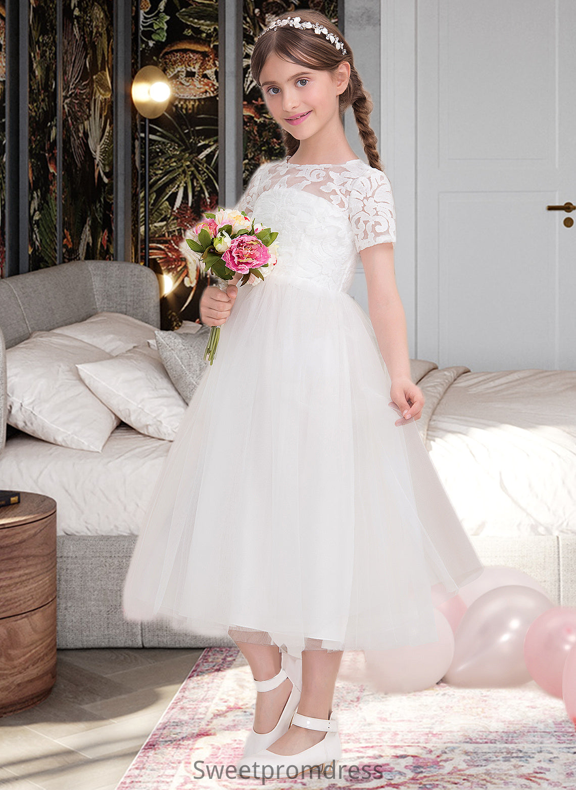 Jayla A-Line Scoop Neck Tea-Length Tulle Junior Bridesmaid Dress DHP0013535