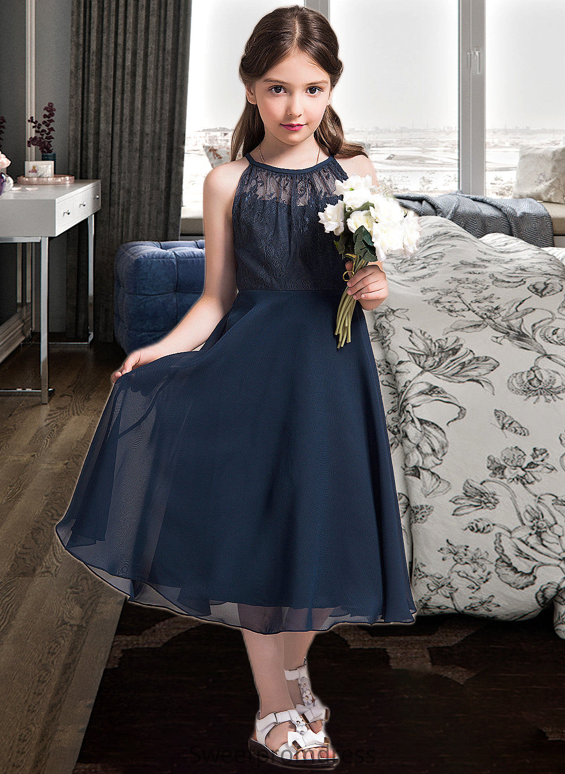 Samara A-Line Scoop Neck Tea-Length Chiffon Lace Junior Bridesmaid Dress With Ruffle DHP0013536