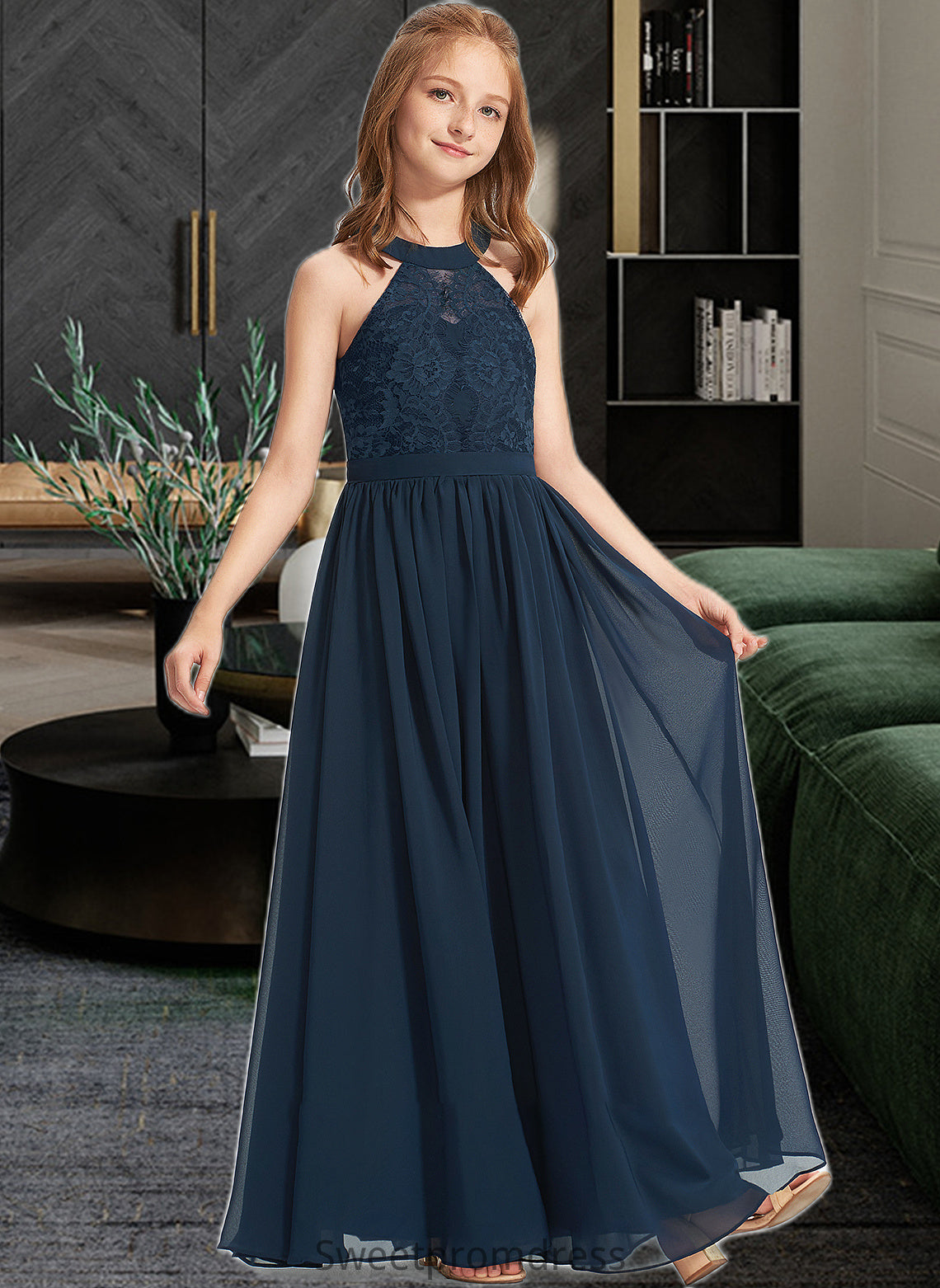 Alma A-LineScoopNeckFloor-LengthChiffonLaceJuniorBridesmaidDress#234030 DHP0013538