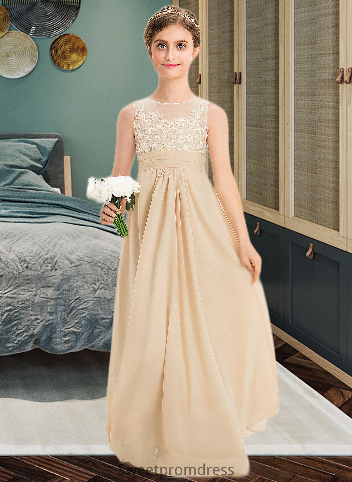 Allyson A-Line Scoop Neck Floor-Length Chiffon Lace Junior Bridesmaid Dress DHP0013539