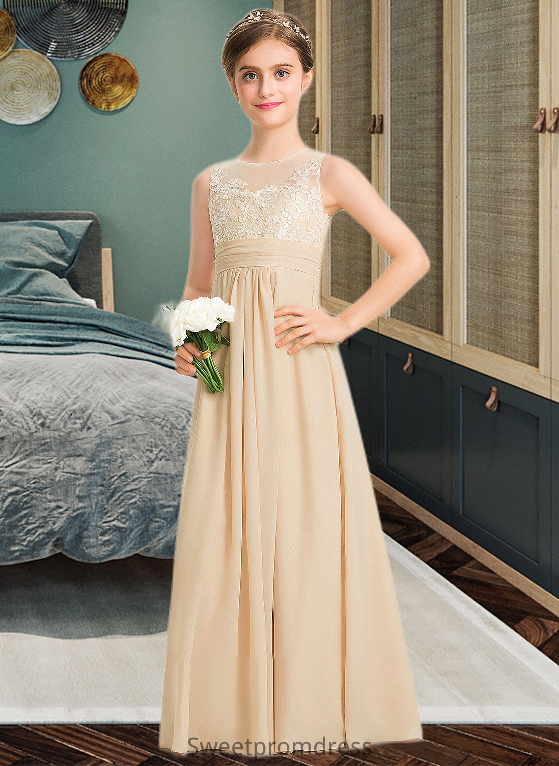 Allyson A-Line Scoop Neck Floor-Length Chiffon Lace Junior Bridesmaid Dress DHP0013539