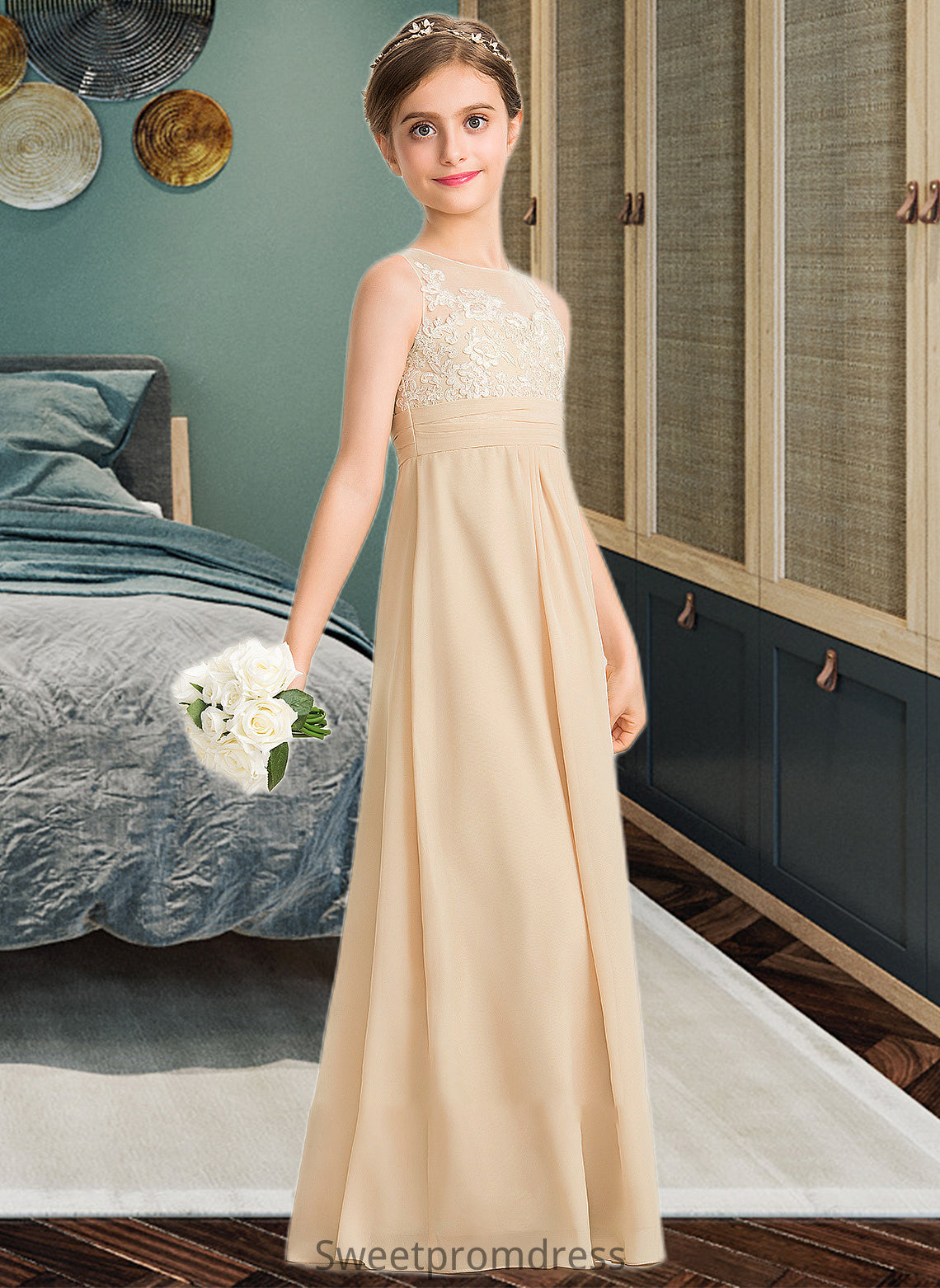 Allyson A-Line Scoop Neck Floor-Length Chiffon Lace Junior Bridesmaid Dress DHP0013539