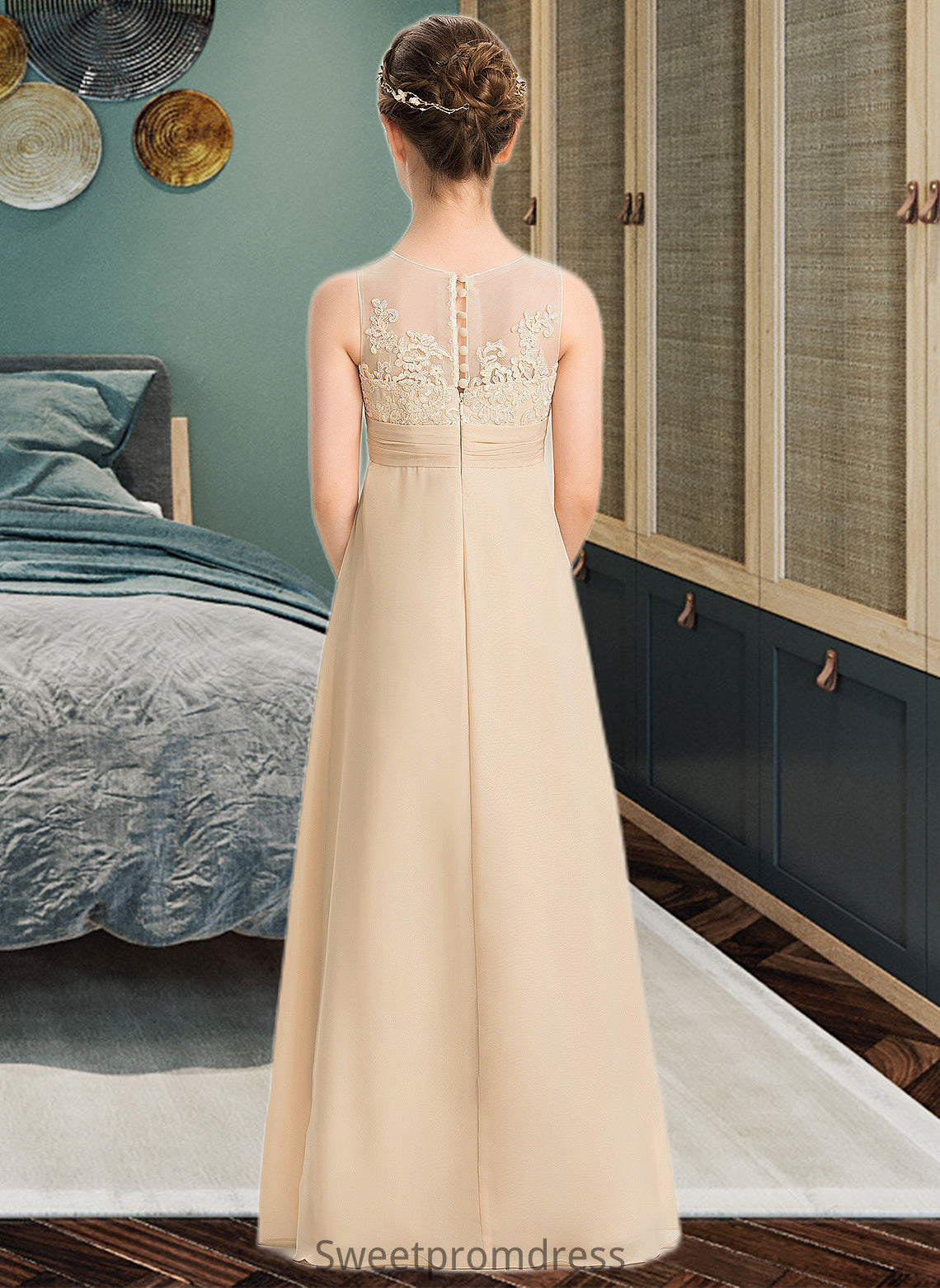 Allyson A-Line Scoop Neck Floor-Length Chiffon Lace Junior Bridesmaid Dress DHP0013539