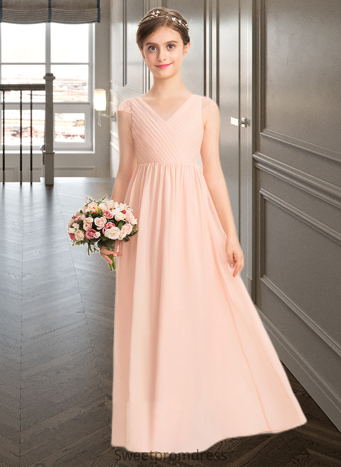 Jaden A-Line V-neck Floor-Length Chiffon Lace Junior Bridesmaid Dress With Ruffle DHP0013540