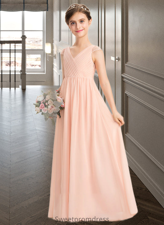 Jaden A-Line V-neck Floor-Length Chiffon Lace Junior Bridesmaid Dress With Ruffle DHP0013540