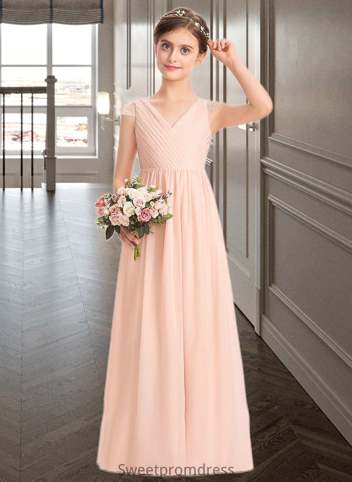 Jaden A-Line V-neck Floor-Length Chiffon Lace Junior Bridesmaid Dress With Ruffle DHP0013540