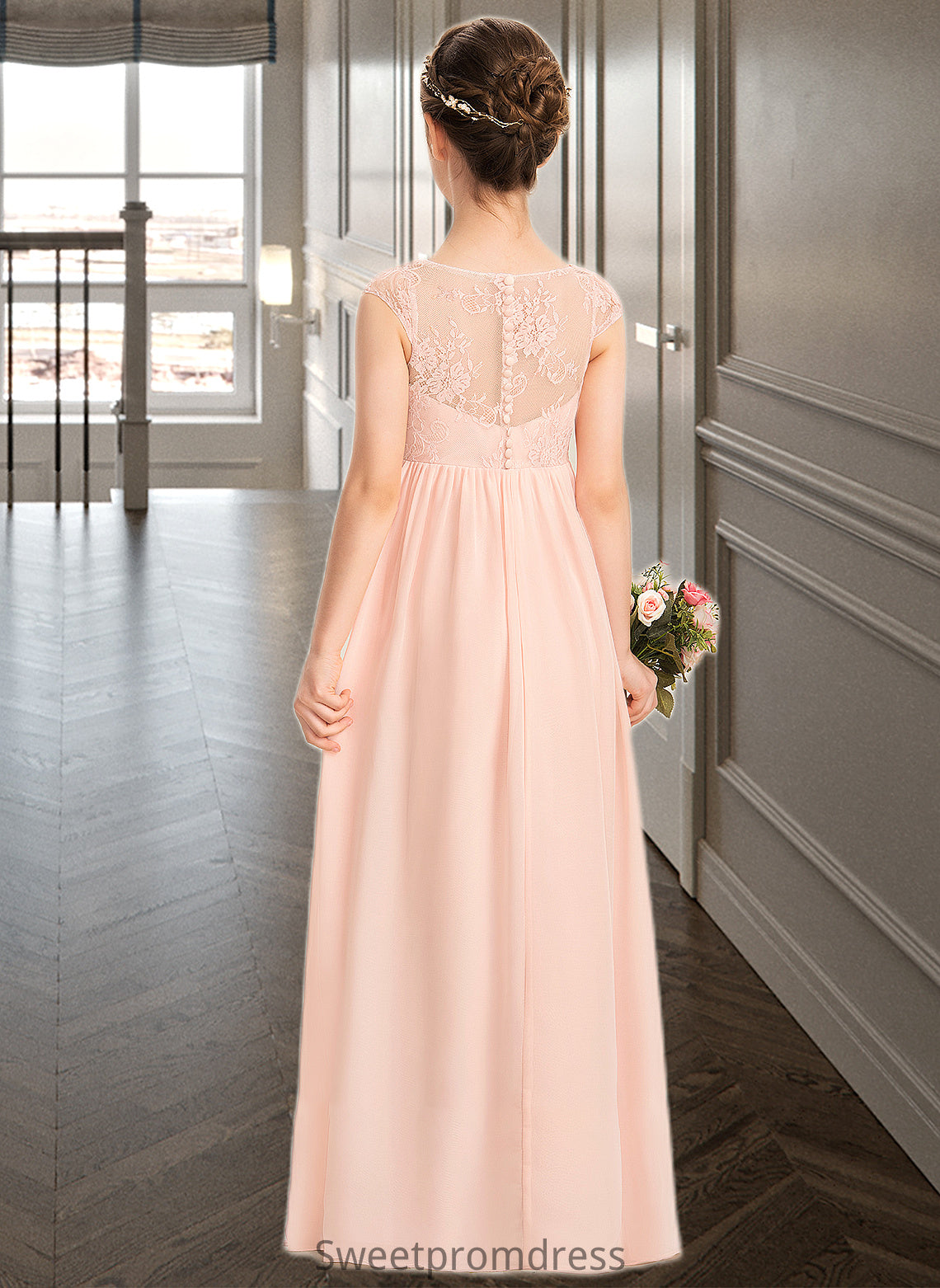 Jaden A-Line V-neck Floor-Length Chiffon Lace Junior Bridesmaid Dress With Ruffle DHP0013540