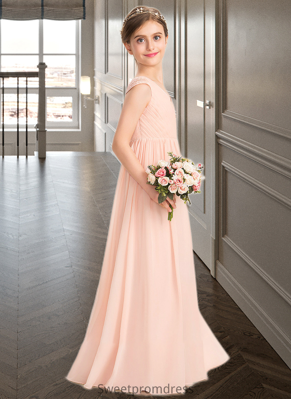 Jaden A-Line V-neck Floor-Length Chiffon Lace Junior Bridesmaid Dress With Ruffle DHP0013540