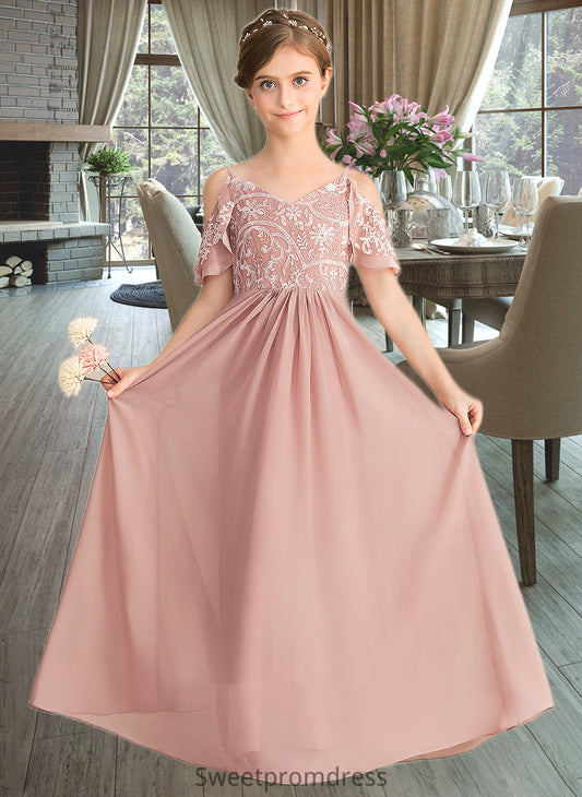 Kassidy A-Line V-neck Floor-Length Chiffon Lace Junior Bridesmaid Dress DHP0013541