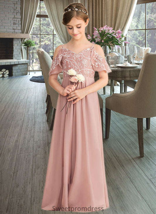 Kassidy A-Line V-neck Floor-Length Chiffon Lace Junior Bridesmaid Dress DHP0013541